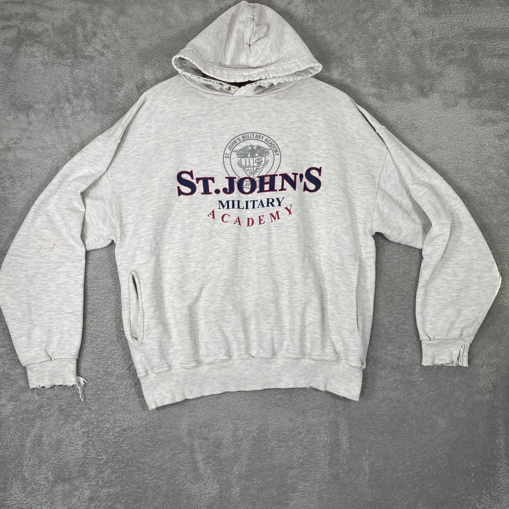 Vintage St Johns Military Academy Hoodie Mens XL Gray Thrashed Streetwear 90s